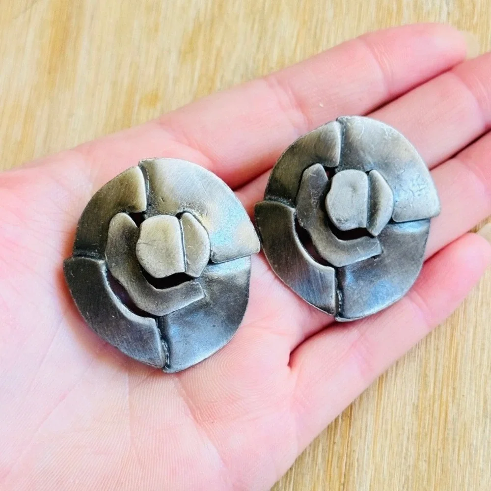 VTG Chunky Sculptural Earrings Silver Modernist Chunky Statement Round Clip 80s